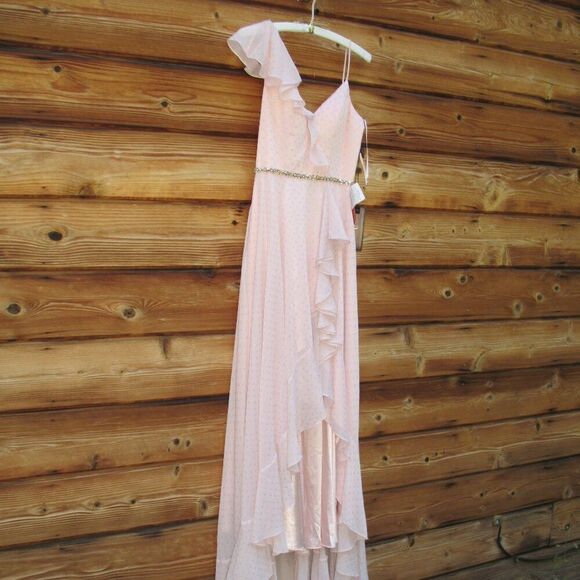 Mac Duggal Womens Pink POLKA DOT ASYMMETRICAL RUFFLE GOWN - Picture 6 of 16